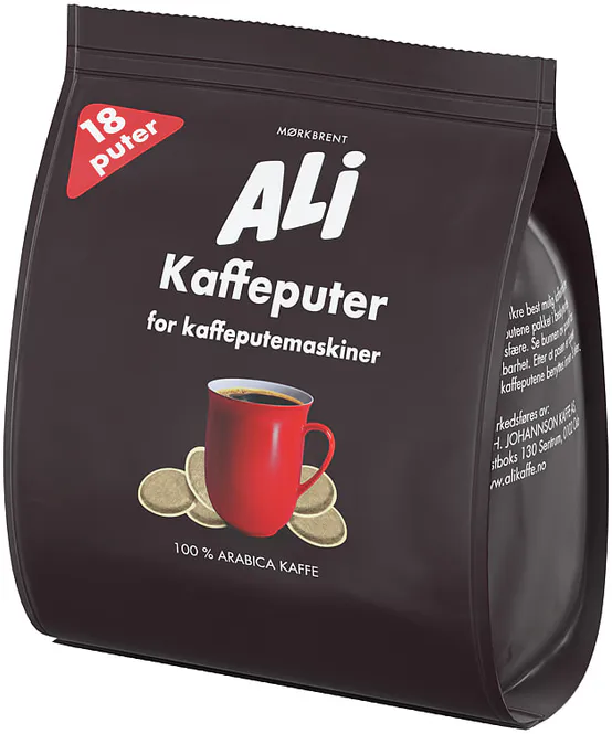 Hovedbilde ALI MØRKBRENT KAFFEPUTER 6 poser a' 18stk. Senseo